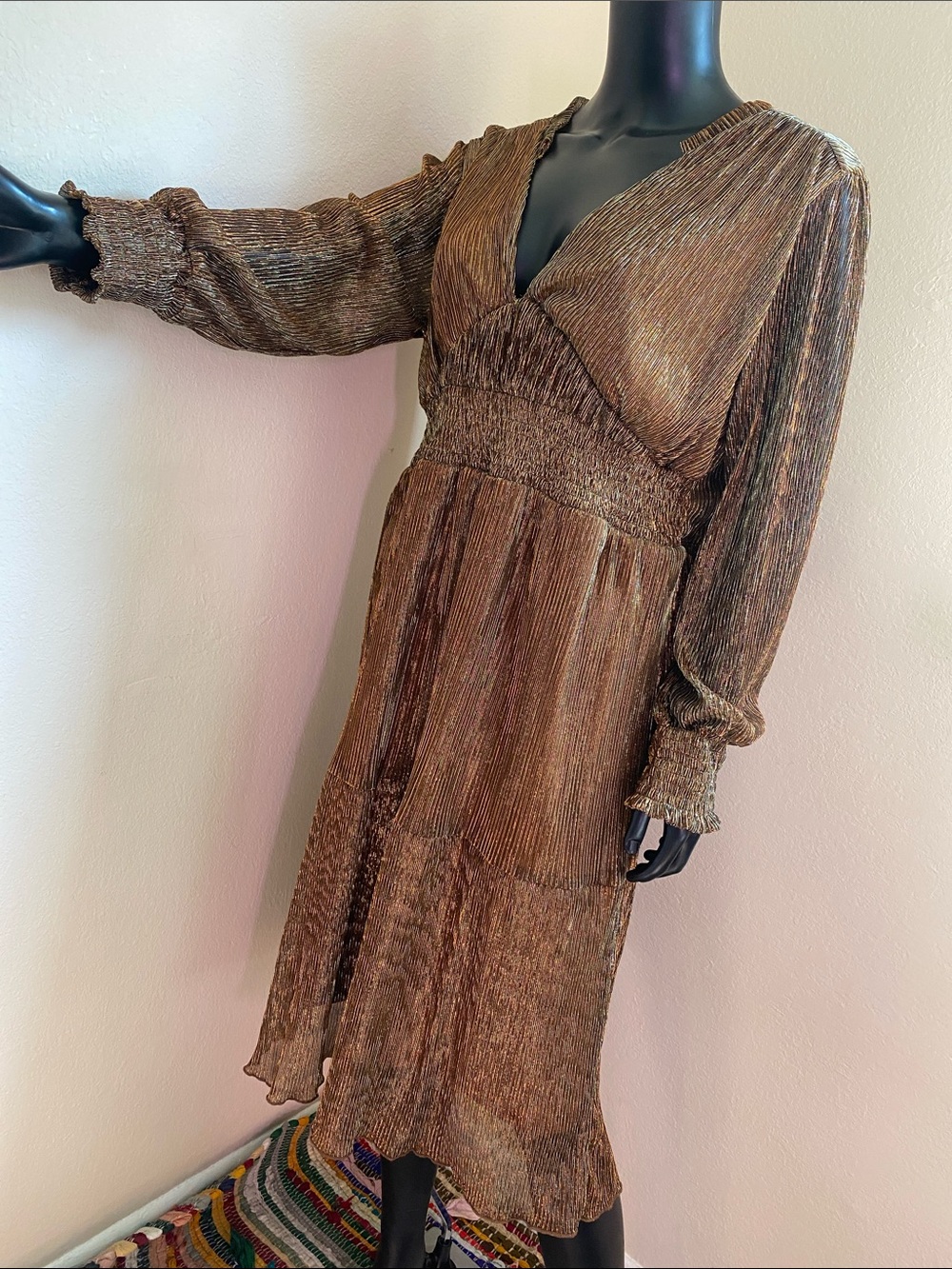 NY Collection Shimmery Bronze V-Neck Long Sleeve Midi Dress - Picture 4 of 12